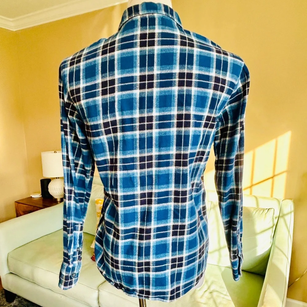 Old Navy Girls Size XL 14/16 Blue Plaid Flannel Shirt Stretch Cotton